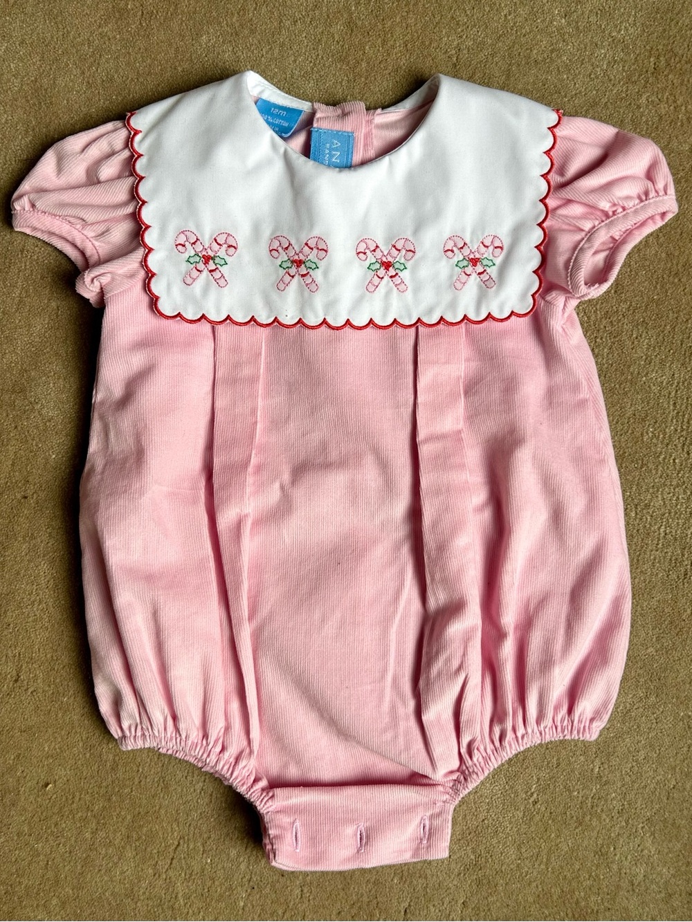 Anavini Pnk Smocked Candy Cane Baby Bubble Romper Size 12m
